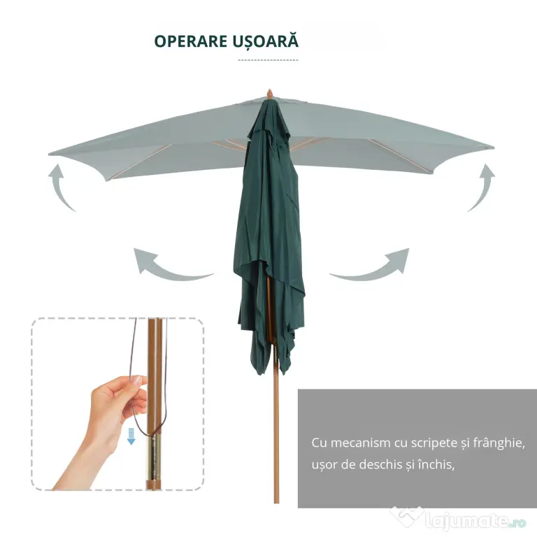 Outsunny Umbrelă din Lemn pentru Grădină, Verde, 2X3M, Design Elegant, Rezistentă la Intemperii | Aosom Romania