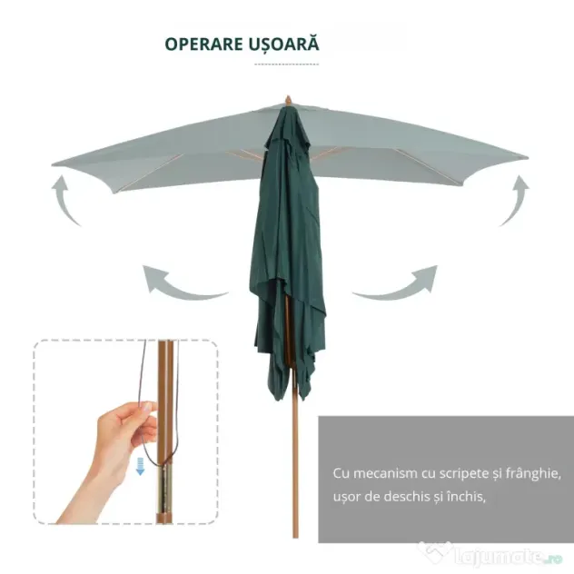 Outsunny Umbrelă din Lemn pentru Grădină, Verde, 2X3M, Design Elegant, Rezistentă la Intemperii | Aosom Romania