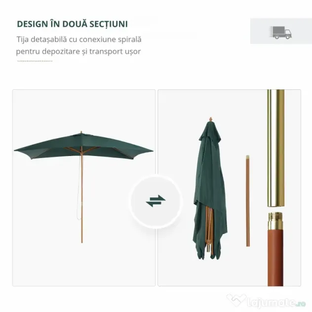 Outsunny Umbrelă din Lemn pentru Grădină, Verde, 2X3M, Design Elegant, Rezistentă la Intemperii | Aosom Romania