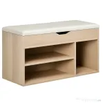 HOMCOM Bancă pentru Pantofi cu 3 Compartimente, Spațiu Ascuns și Șezut din Piele PU, 80x30x43 cm, Lemn Natural
