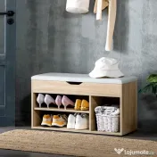 HOMCOM Bancă pentru Pantofi cu 3 Compartimente, Spațiu Ascuns și Șezut din Piele PU, 80x30x43 cm, Lemn Natural 