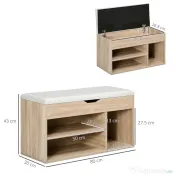 HOMCOM Bancă pentru Pantofi cu 3 Compartimente, Spațiu Ascuns și Șezut din Piele PU, 80x30x43 cm, Lemn Natural 