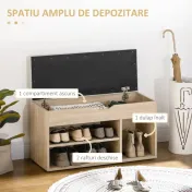HOMCOM Bancă pentru Pantofi cu 3 Compartimente, Spațiu Ascuns și Șezut din Piele PU, 80x30x43 cm, Lemn Natural 