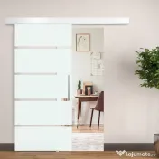 HOMCOM Ușă Glisantă din Sticlă Temperată Satinată 90×205 cm, Kit cu Șină Aluminiu și Mâner Transparent pentru Interior 