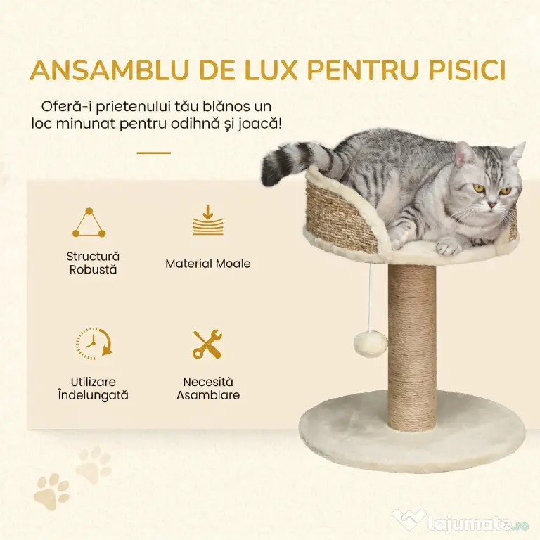 PawHut Arbore de Zgâriat pentru Pisici Adulte și Pui, Stâlp cu Culcuș pentru Pisici, Stâlp din Iută și Minge Atârnată, 40x40x49 cm, Bej