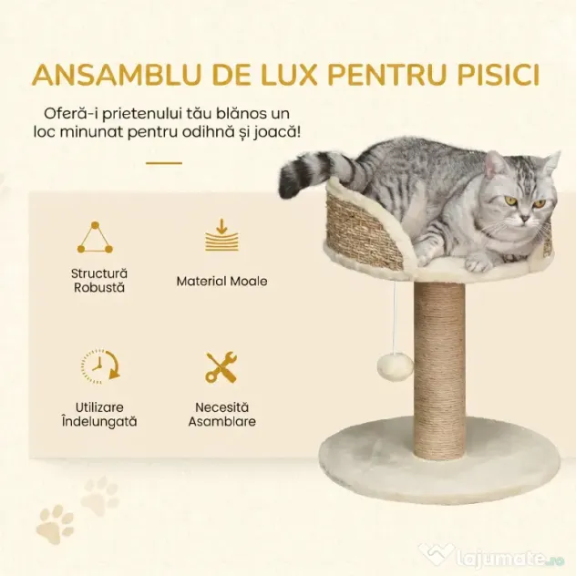 PawHut Arbore de Zgâriat pentru Pisici Adulte și Pui, Stâlp cu Culcuș pentru Pisici, Stâlp din Iută și Minge Atârnată, 40x40x49 cm, Bej