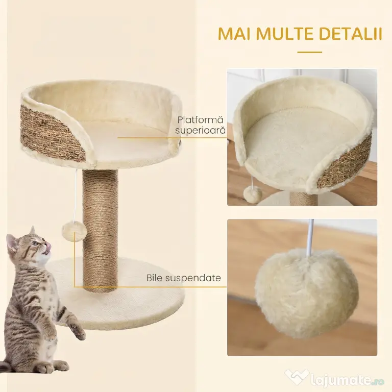 PawHut Arbore de Zgâriat pentru Pisici Adulte și Pui, Stâlp cu Culcuș pentru Pisici, Stâlp din Iută și Minge Atârnată, 40x40x49 cm, Bej