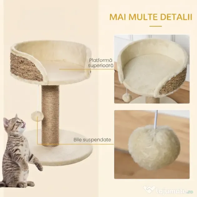 PawHut Arbore de Zgâriat pentru Pisici Adulte și Pui, Stâlp cu Culcuș pentru Pisici, Stâlp din Iută și Minge Atârnată, 40x40x49 cm, Bej