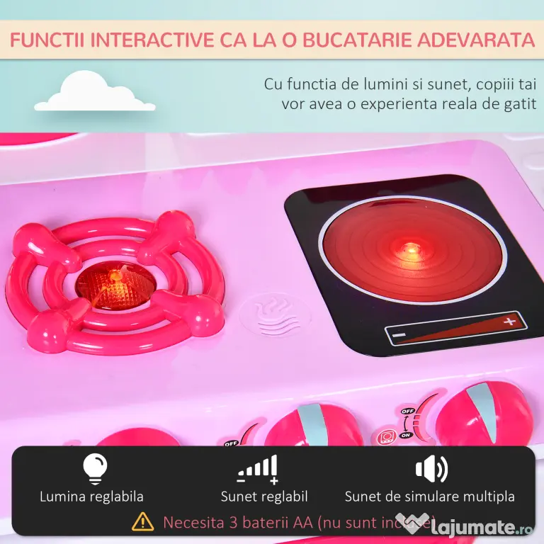 HOMCOM Bucatarie Jucarie pentru Copii cu 38 Accesorii Incluse , Jucarie cu Lumini si Sunete Realistice, 78x29x87cm,Roz | Aosom Romania