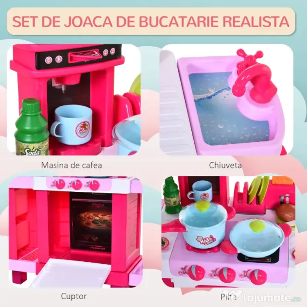 HOMCOM Bucatarie Jucarie pentru Copii cu 38 Accesorii Incluse , Jucarie cu Lumini si Sunete Realistice, 78x29x87cm,Roz | Aosom Romania