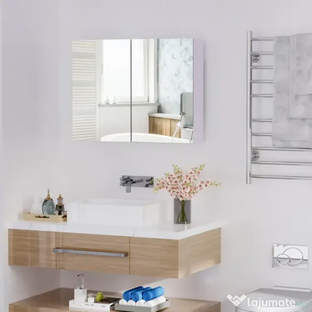 HOMCOM Dulap de Baie cu Oglindă, Dulăpior Suspendat pe Perete cu 3 Rafturi, Depozitare Cosmetice din MDF, Alb, 80x60x15cm