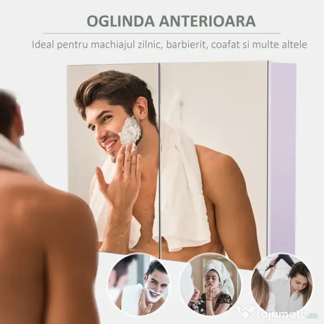 HOMCOM Dulap de Baie cu Oglindă, Dulăpior Suspendat pe Perete cu 3 Rafturi, Depozitare Cosmetice din MDF, Alb, 80x60x15cm