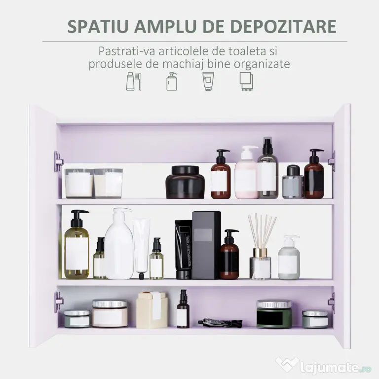 HOMCOM Dulap de Baie cu Oglindă, Dulăpior Suspendat pe Perete cu 3 Rafturi, Depozitare Cosmetice din MDF, Alb, 80x60x15cm