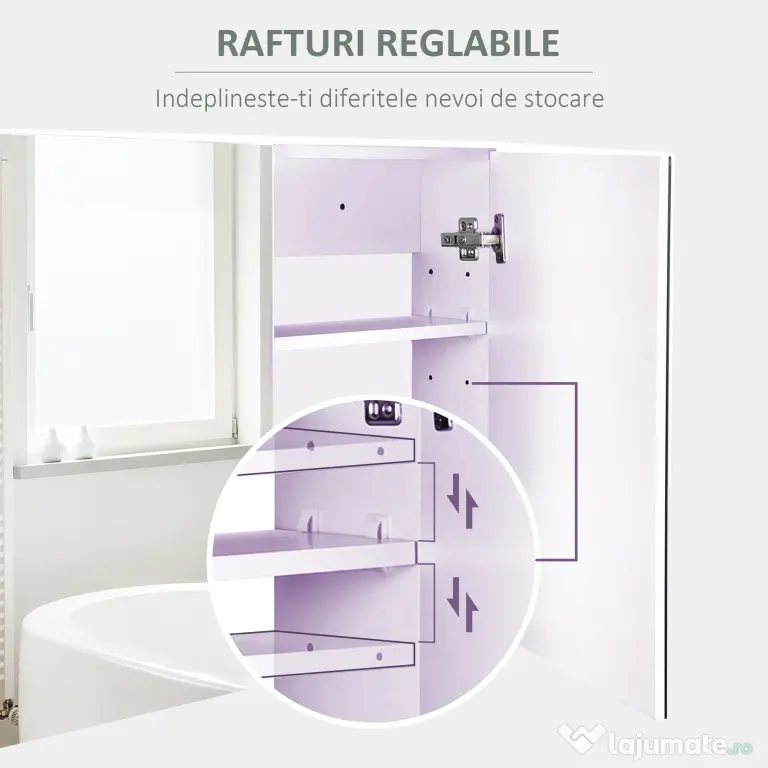 HOMCOM Dulap de Baie cu Oglindă, Dulăpior Suspendat pe Perete cu 3 Rafturi, Depozitare Cosmetice din MDF, Alb, 80x60x15cm