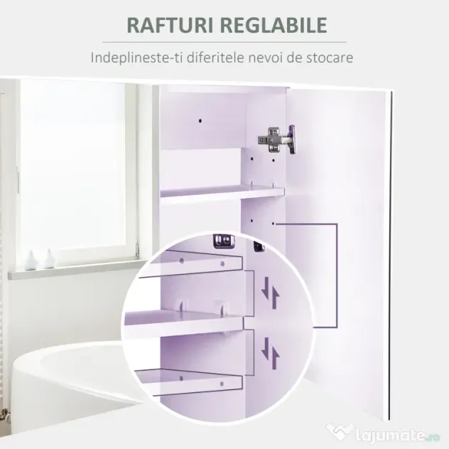 HOMCOM Dulap de Baie cu Oglindă, Dulăpior Suspendat pe Perete cu 3 Rafturi, Depozitare Cosmetice din MDF, Alb, 80x60x15cm