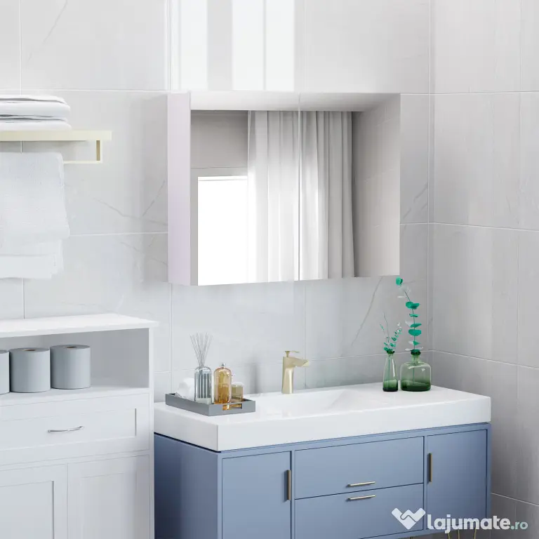 HOMCOM Dulap de Baie cu Oglindă, Dulăpior Suspendat pe Perete cu 3 Rafturi, Depozitare Cosmetice din MDF, Alb, 80x60x15cm