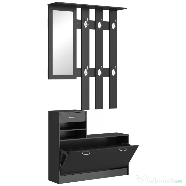 HOMCOM Dulap pentru Intrare Cuier cu Pantofar si Oglinda, Rafturi si Sertar, Dulap Cuier din PAL, 90x10x102 cm, Negru