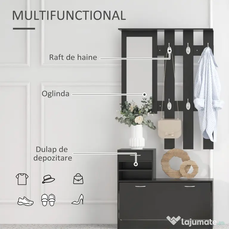 HOMCOM Dulap pentru Intrare Cuier cu Pantofar si Oglinda, Rafturi si Sertar, Dulap Cuier din PAL, 90x10x102 cm, Negru