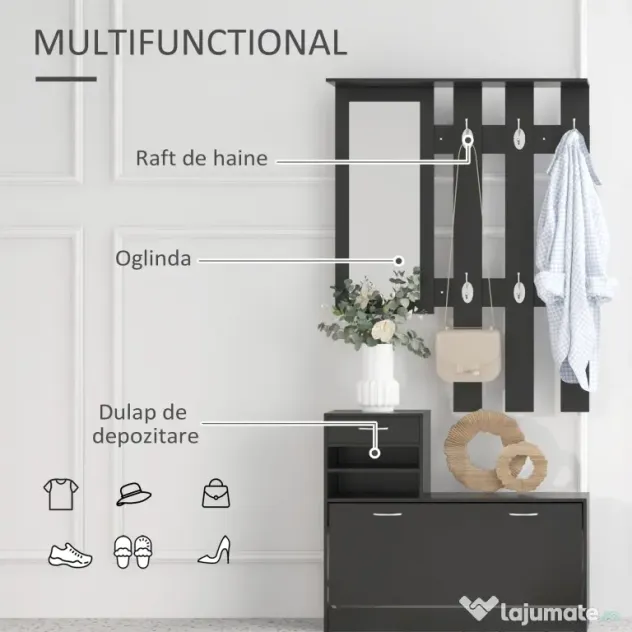 HOMCOM Dulap pentru Intrare Cuier cu Pantofar si Oglinda, Rafturi si Sertar, Dulap Cuier din PAL, 90x10x102 cm, Negru