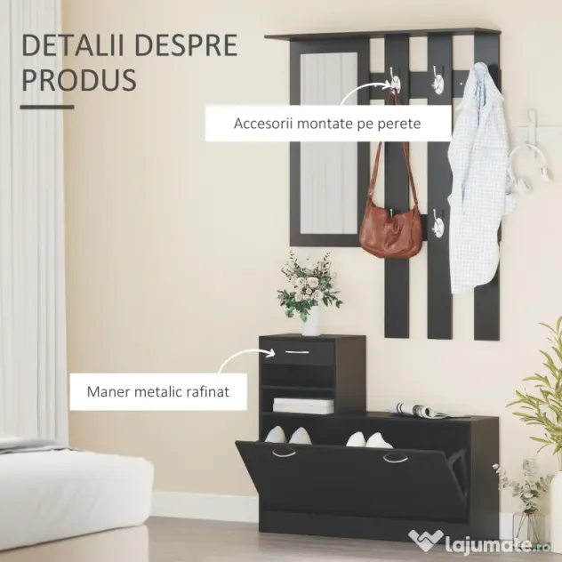 HOMCOM Dulap pentru Intrare Cuier cu Pantofar si Oglinda, Rafturi si Sertar, Dulap Cuier din PAL, 90x10x102 cm, Negru