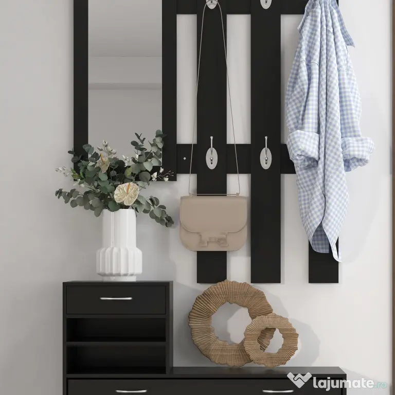 HOMCOM Dulap pentru Intrare Cuier cu Pantofar si Oglinda, Rafturi si Sertar, Dulap Cuier din PAL, 90x10x102 cm, Negru