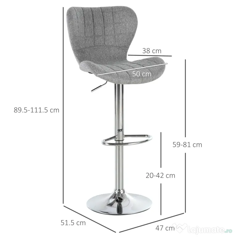 HOMCOM Set 2 Scaune de Bar Rotative cu Înălțime Reglabilă, Tetieră pentru Picioare și Spătar, 47x51,5x111,5 cm, Gri | Aosom Romania