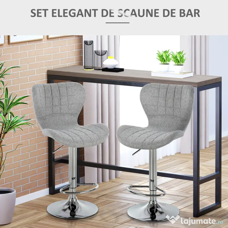 HOMCOM Set 2 Scaune de Bar Rotative cu Înălțime Reglabilă, Tetieră pentru Picioare și Spătar, 47x51,5x111,5 cm, Gri | Aosom Romania