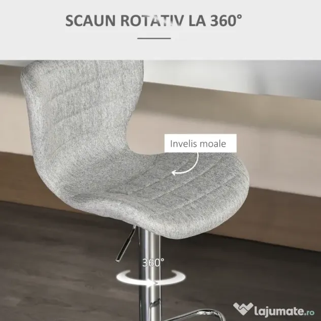 HOMCOM Set 2 Scaune de Bar Rotative cu Înălțime Reglabilă, Tetieră pentru Picioare și Spătar, 47x51,5x111,5 cm, Gri | Aosom Romania