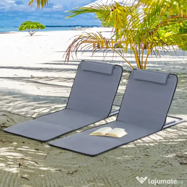 Set de 2 Saltele de Plaja Outsunny, Pliabile cu Spatar Reglabil Gri | Aosom Romania