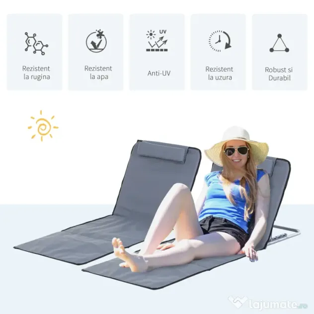 Set de 2 Saltele de Plaja Outsunny, Pliabile cu Spatar Reglabil Gri | Aosom Romania