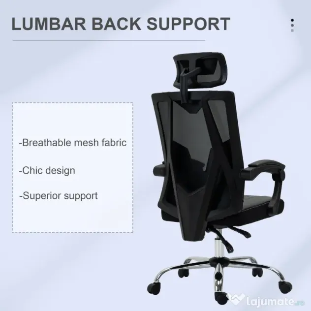 Vinsetto Scaun de Birou Ergonomic, Gri, Înclinabil, cu Suport Lombar, Design Modern | Aosom Romania