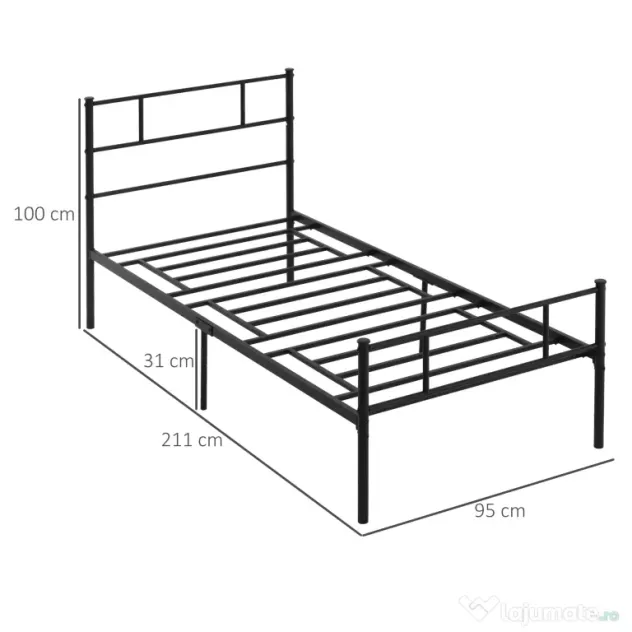 Cadru de Pat de o Persoana HOMCOM 90x200cm din Otel, Sipci Integrate, Negru | Aosom Romania