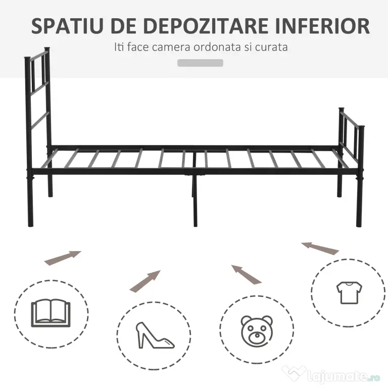 Cadru de Pat de o Persoana HOMCOM 90x200cm din Otel, Sipci Integrate, Negru | Aosom Romania