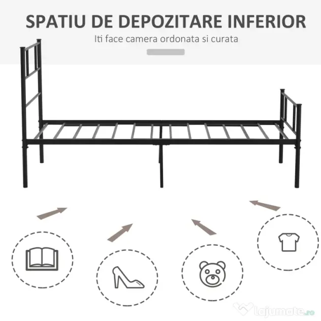 Cadru de Pat de o Persoana HOMCOM 90x200cm din Otel, Sipci Integrate, Negru | Aosom Romania