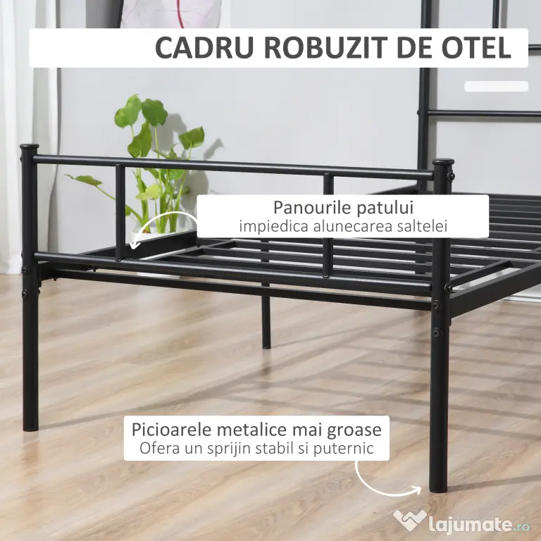 Cadru de Pat de o Persoana HOMCOM 90x200cm din Otel, Sipci Integrate, Negru | Aosom Romania