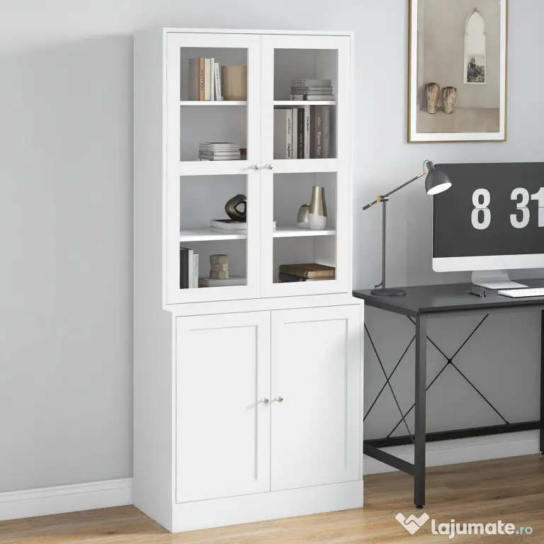 HOMCOM Mobilier de Bibliotecă cu 2 Dulapuri, Rafturi și Uși din Sticlă Alb | Aosom Romania