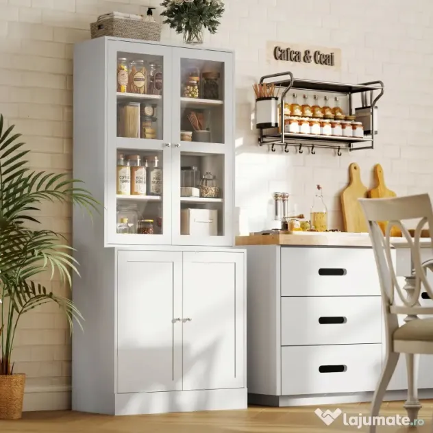 HOMCOM Mobilier de Bibliotecă cu 2 Dulapuri, Rafturi și Uși din Sticlă Alb | Aosom Romania