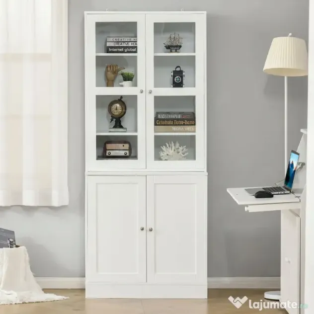 HOMCOM Mobilier de Bibliotecă cu 2 Dulapuri, Rafturi și Uși din Sticlă Alb | Aosom Romania