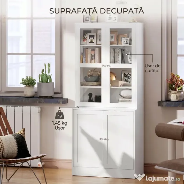 HOMCOM Mobilier de Bibliotecă cu 2 Dulapuri, Rafturi și Uși din Sticlă Alb | Aosom Romania