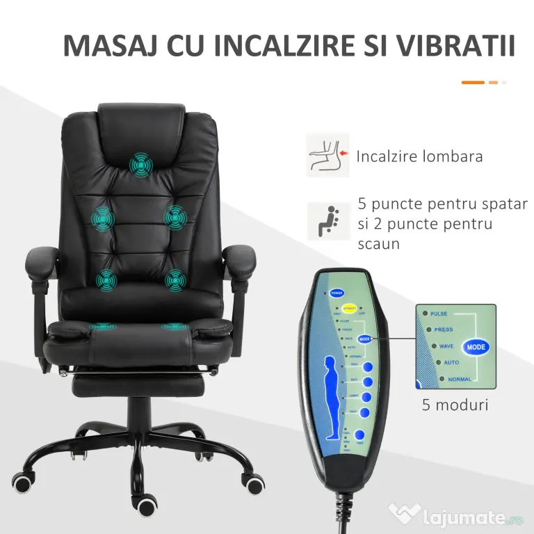 Fotoliu de birou cu masaj cu 7 puncte de vibrație, ergonomic cu suport pentru picioare și spătar înclinat la 155°, negru Vinsetto | Aosom Romania