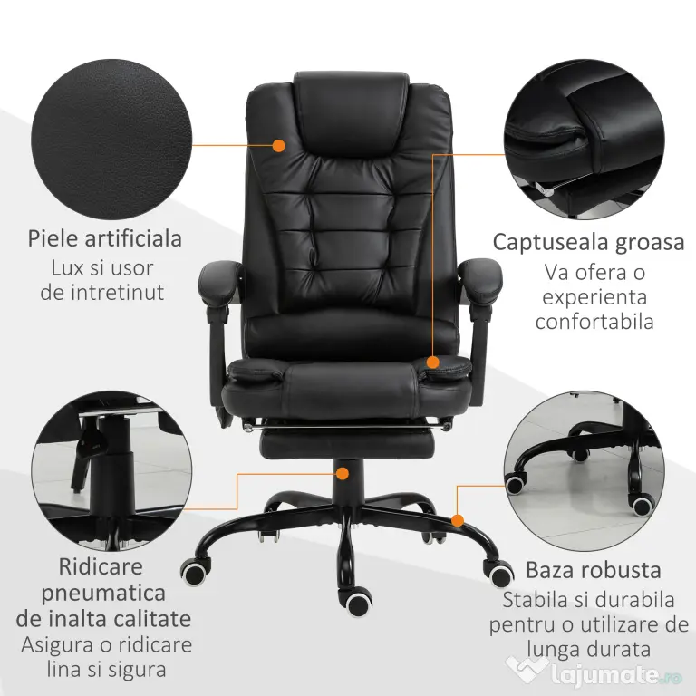 Fotoliu de birou cu masaj cu 7 puncte de vibrație, ergonomic cu suport pentru picioare și spătar înclinat la 155°, negru Vinsetto | Aosom Romania