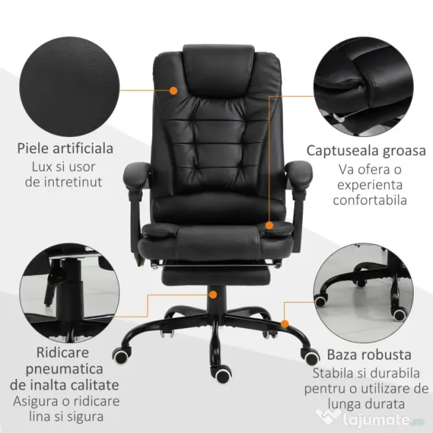 Fotoliu de birou cu masaj cu 7 puncte de vibrație, ergonomic cu suport pentru picioare și spătar înclinat la 155°, negru Vinsetto | Aosom Romania