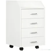 Vinsetto Dulap Birou din Lemn cu 4 Sertare, Fiset Birou cu Roti si Margini Inaltate, 40x36x65cm, Alb 