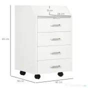 Vinsetto Dulap Birou din Lemn cu 4 Sertare, Fiset Birou cu Roti si Margini Inaltate, 40x36x65cm, Alb 