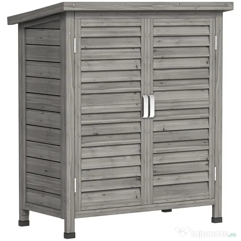 Outsunny Dulap de Grădină din Lemn de Brad cu Uși cu Obloane și 2 Polițe, 87x46,5x96,5cm, Gri | Aosom Romania