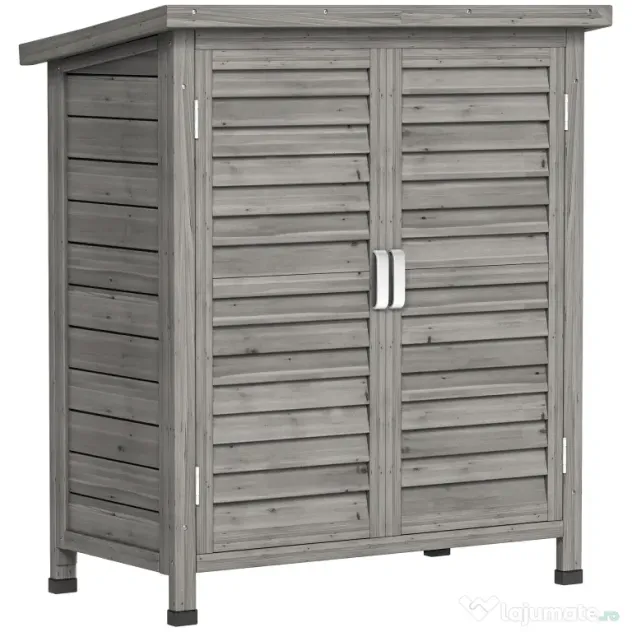 Outsunny Dulap de Grădină din Lemn de Brad cu Uși cu Obloane și 2 Polițe, 87x46,5x96,5cm, Gri | Aosom Romania