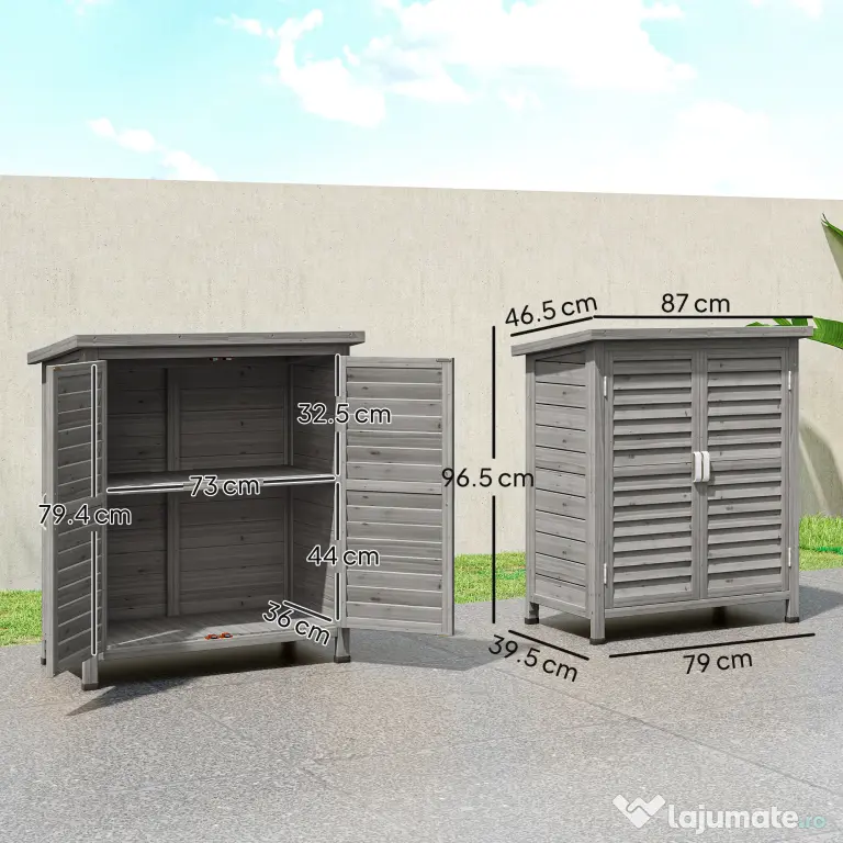 Outsunny Dulap de Grădină din Lemn de Brad cu Uși cu Obloane și 2 Polițe, 87x46,5x96,5cm, Gri | Aosom Romania