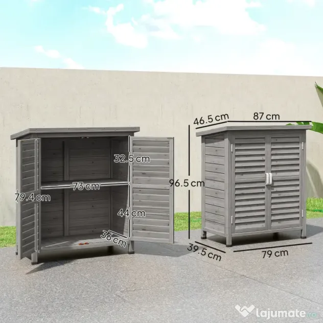 Outsunny Dulap de Grădină din Lemn de Brad cu Uși cu Obloane și 2 Polițe, 87x46,5x96,5cm, Gri | Aosom Romania