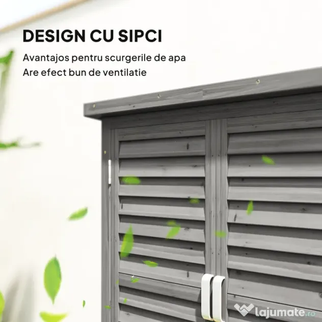 Outsunny Dulap de Grădină din Lemn de Brad cu Uși cu Obloane și 2 Polițe, 87x46,5x96,5cm, Gri | Aosom Romania