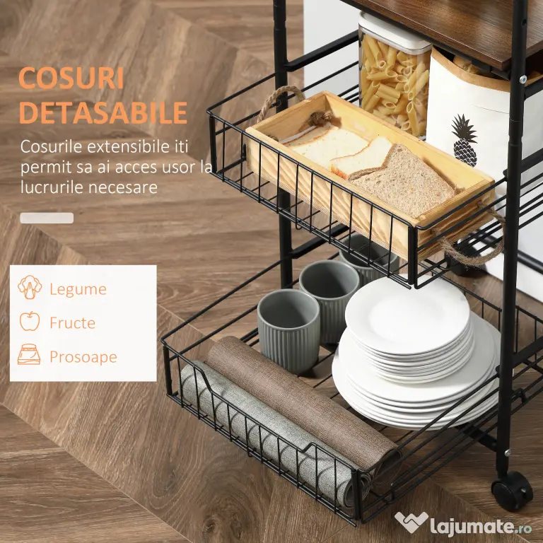HOMCOM Cărucior Bucătărie Stil Industrial, Mobil cu Roți, Design Modern | Aosom Romania